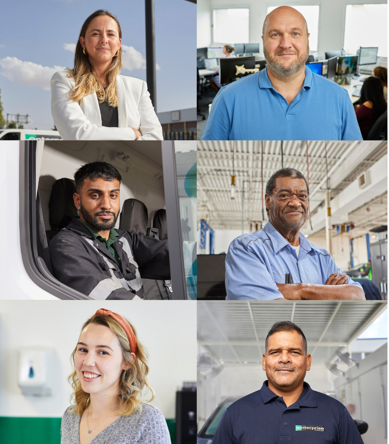 Nine different Enterprise employees, representing a wide range of diversity (gender, race, ethnicity, geographic, etc.), are arranged in a carousel image.