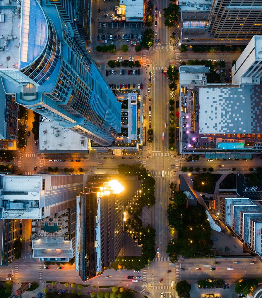  Aerial shot of tall buildings in a downtown setting