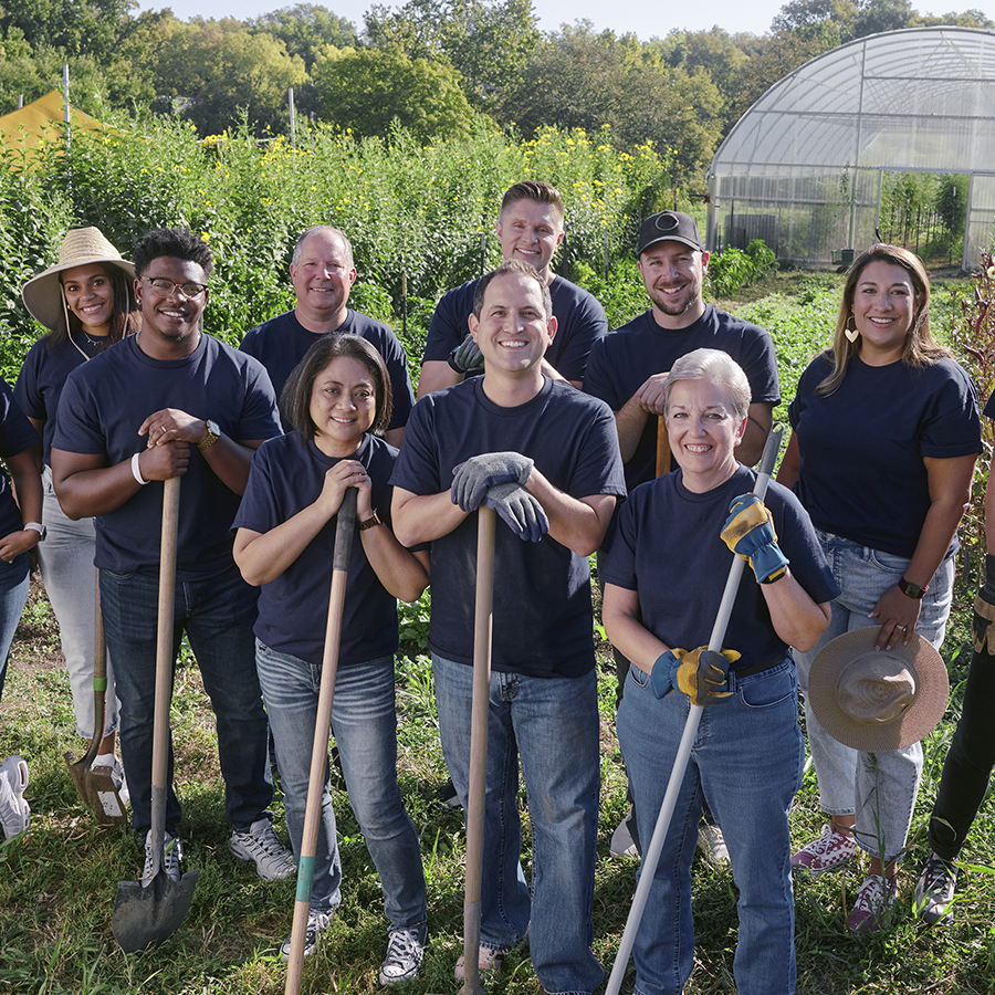 Several people in a garden with rakes.