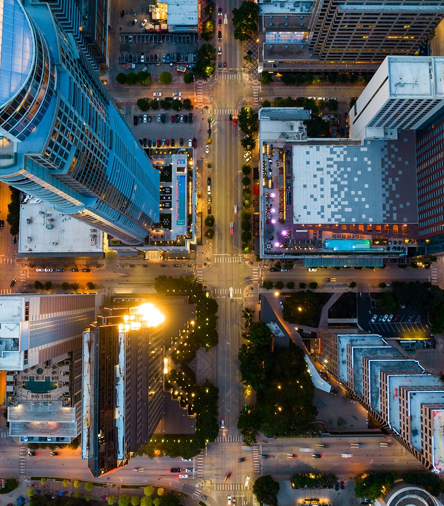 Aerial shot of tall buildings in a downtown setting