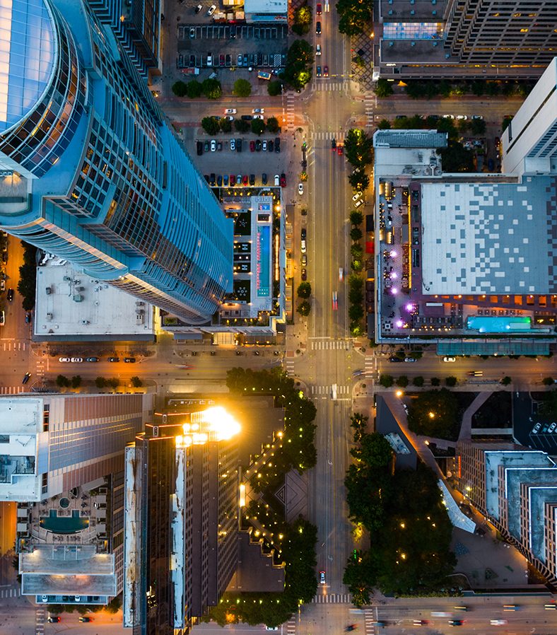 Aerial shot of tall buildings in a downtown setting