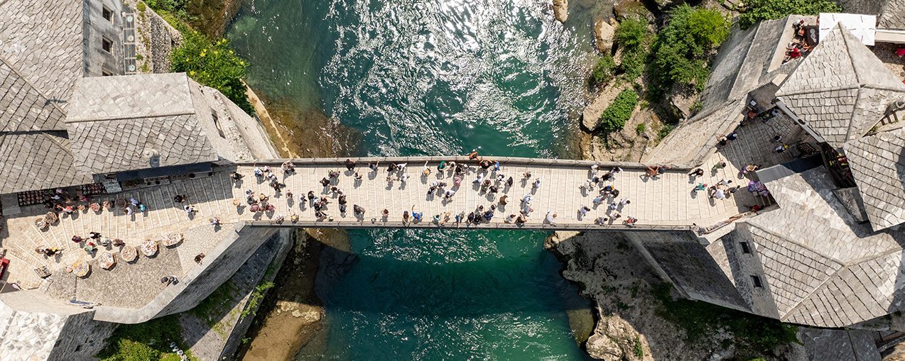 Aerial shot of bridge over water.